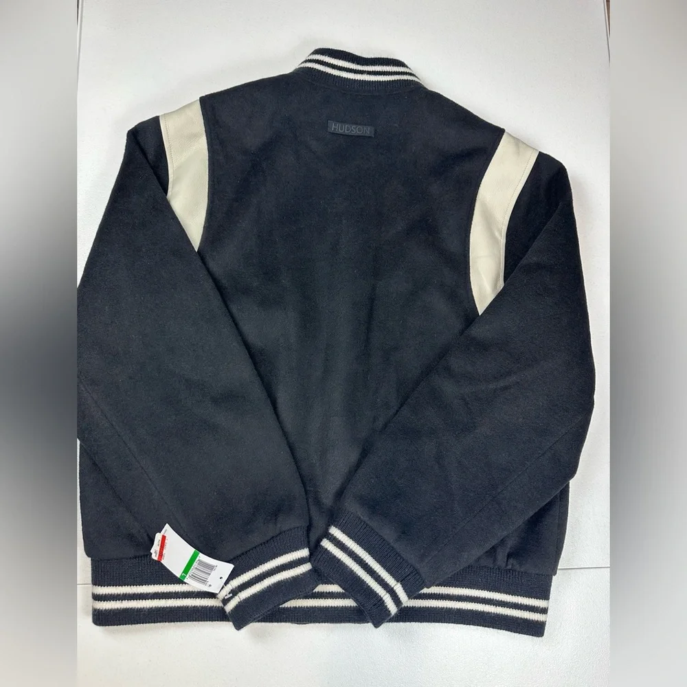 NWT HUDSON Mens Wool Varsity Bomber Jacket Size L Black‎ Ivory Faux Leather $248